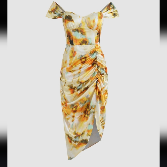 Cider Dresses & Skirts - Cider illusion tie dye ruched midi dress